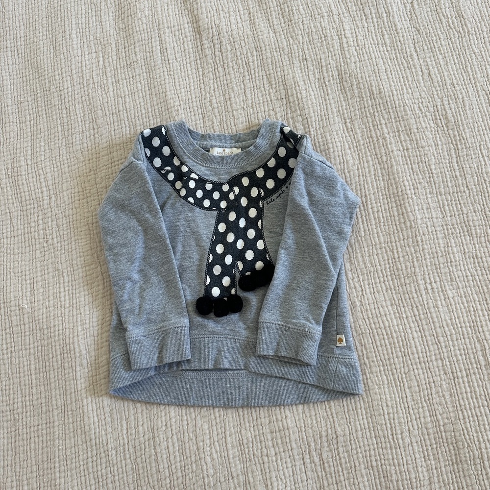 Kate Spade Gray Sweater with Black and White Polka Dot Scarf